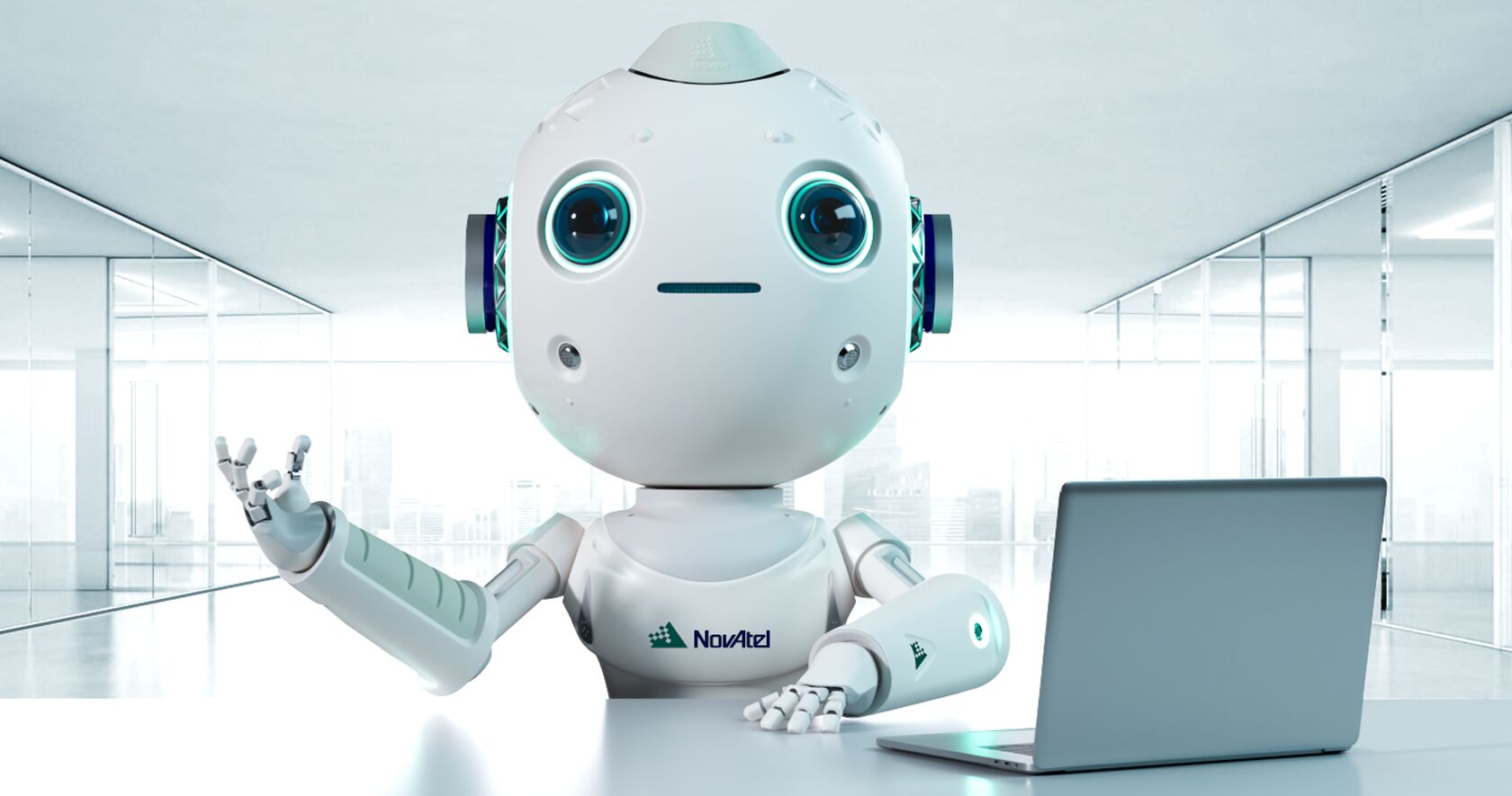 A NovAtel branded white robot with blue eyes named EDIE sitting at a desk with a laptop.